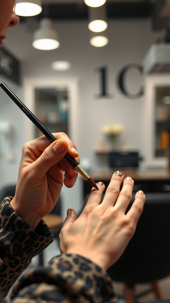A person painting leopard nail designs on a hand