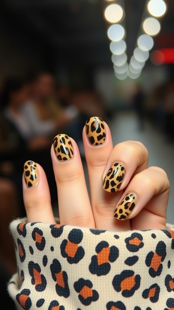 A close-up of hands with leopard print nails, showcasing a stylish design.