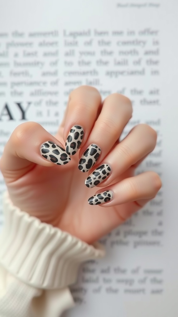 Close-up of a hand with leopard print nails resting on a magazine.
