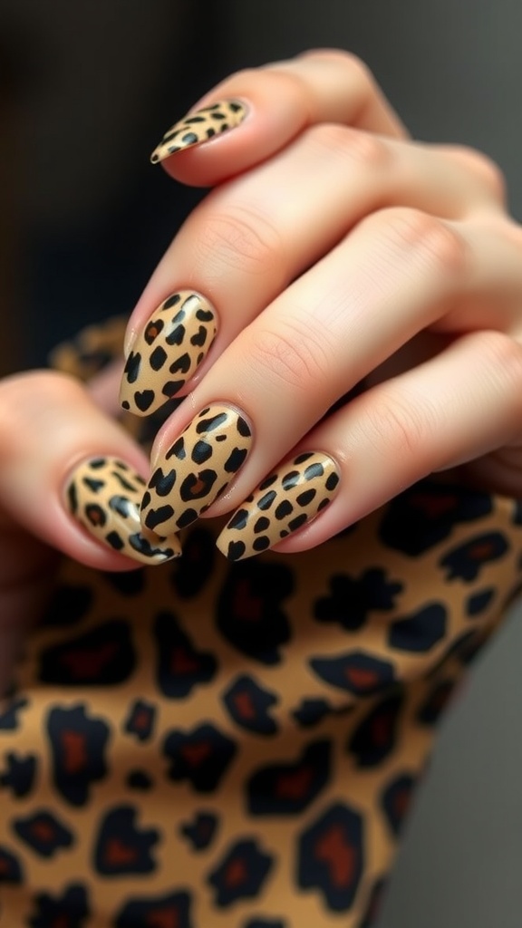 Close-up of hands with leopard print nails.