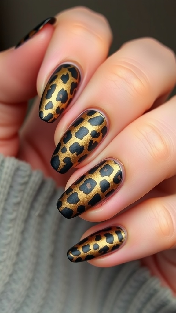 Close-up of leopard ombre nails featuring a blend of brown and black with a matte finish.