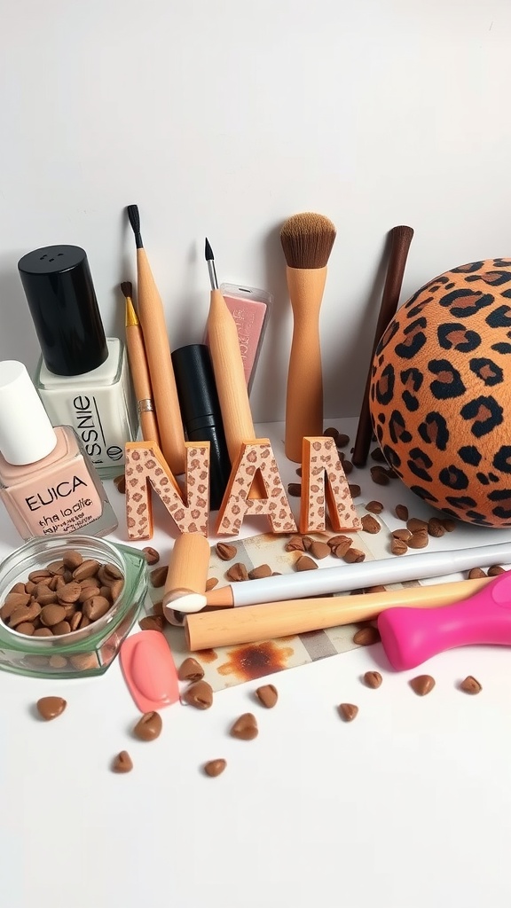 A collection of nail accessories and tools including leopard print items.