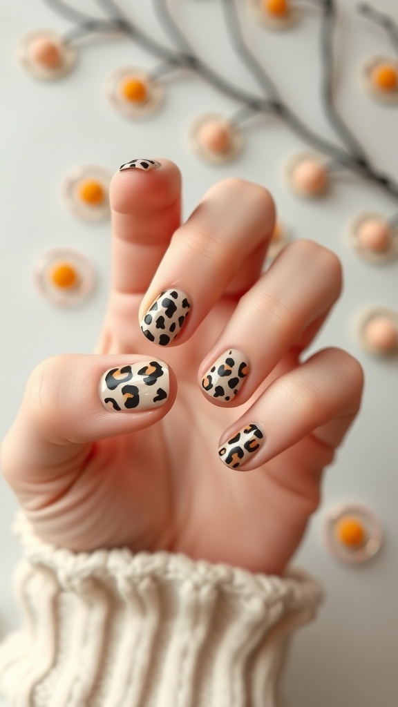 A hand with leopard print nail art, showcasing playful designs.