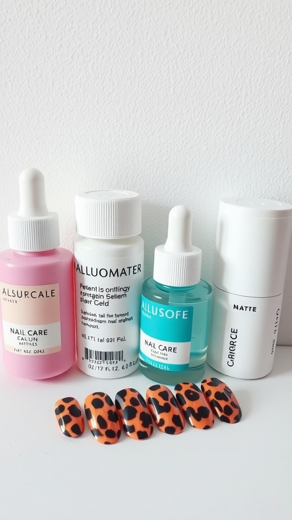 Nail care products and leopard print nails arranged in a visually appealing manner.