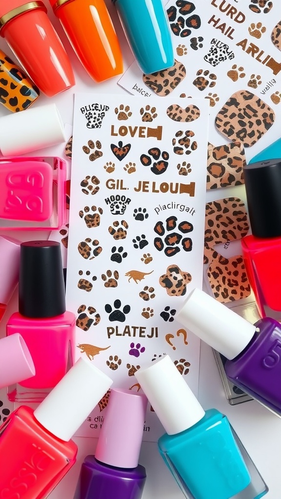 A collection of colorful nail polish bottles alongside leopard print nail stickers.