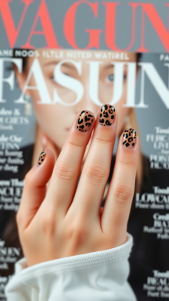Hand showing leopard print nails with a fashion magazine in the background.