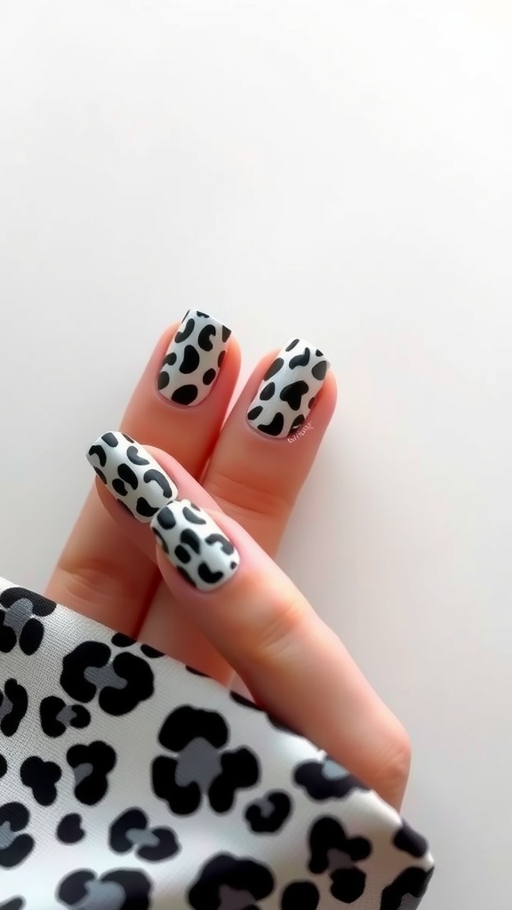 Close-up of black and white leopard print nails on a hand.