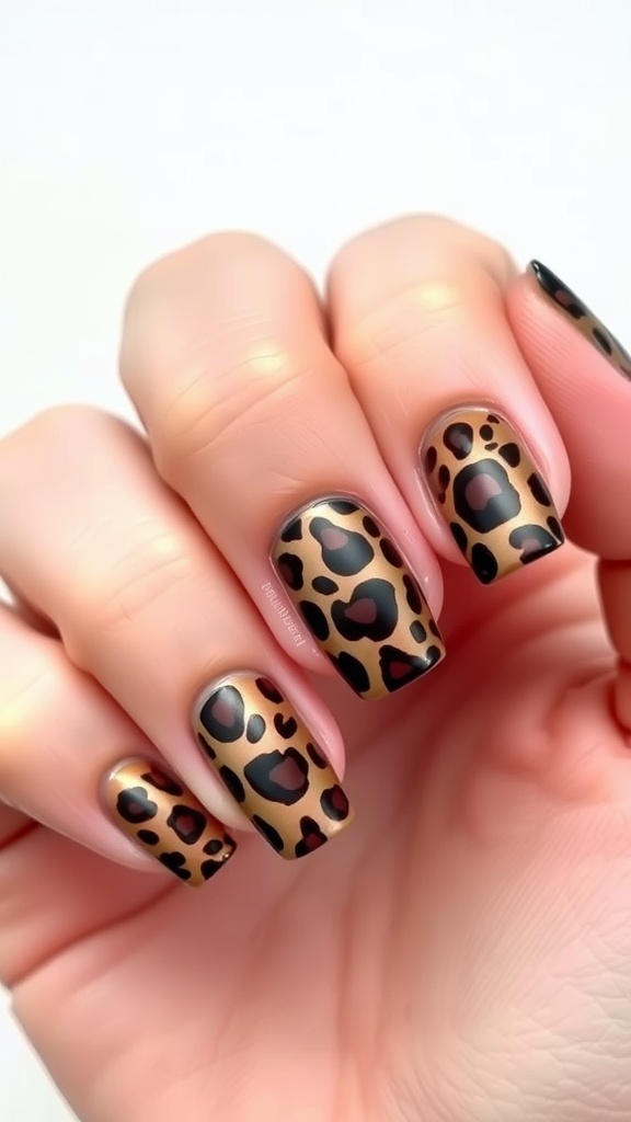 A hand showing leopard print ombre nails with brown and black spots.