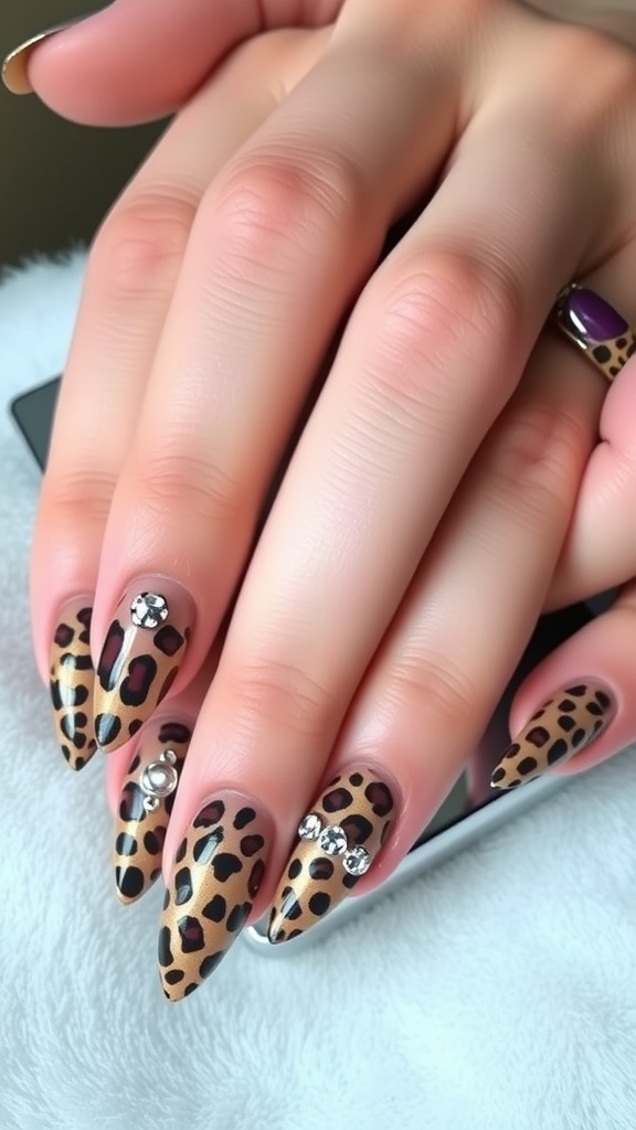 Close-up of stylish leopard print nails decorated with rhinestones.