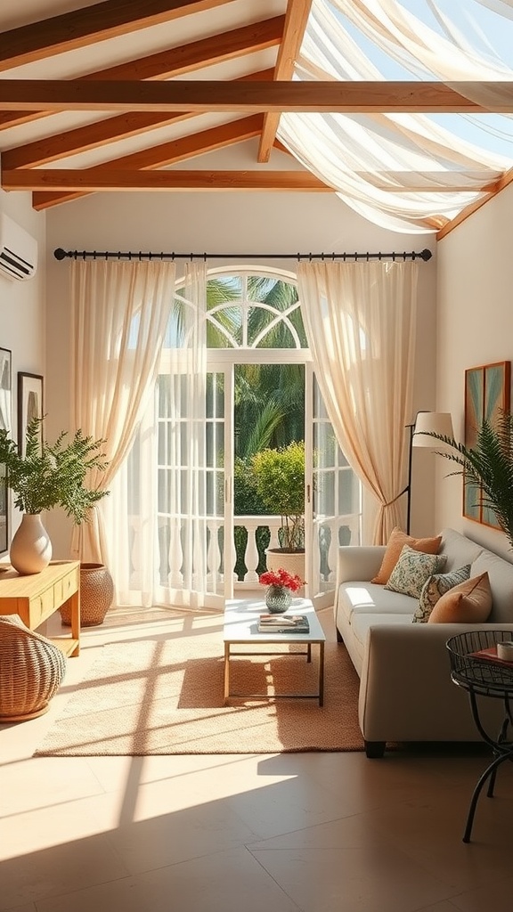 A light and airy Mediterranean living room with large windows, sheer curtains, and natural decor.