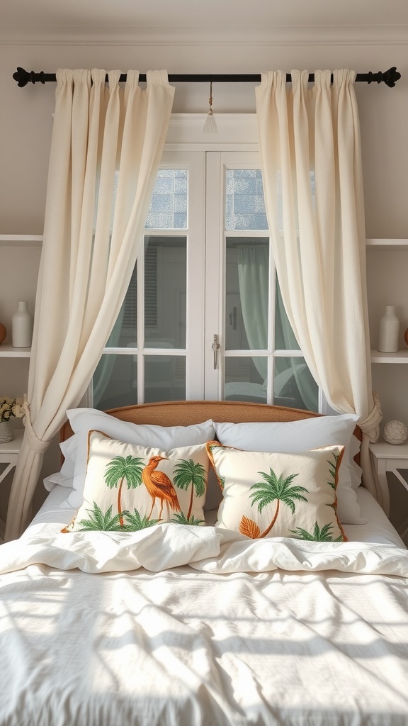 A bright and airy bedroom with light curtains and tropical-themed pillows.