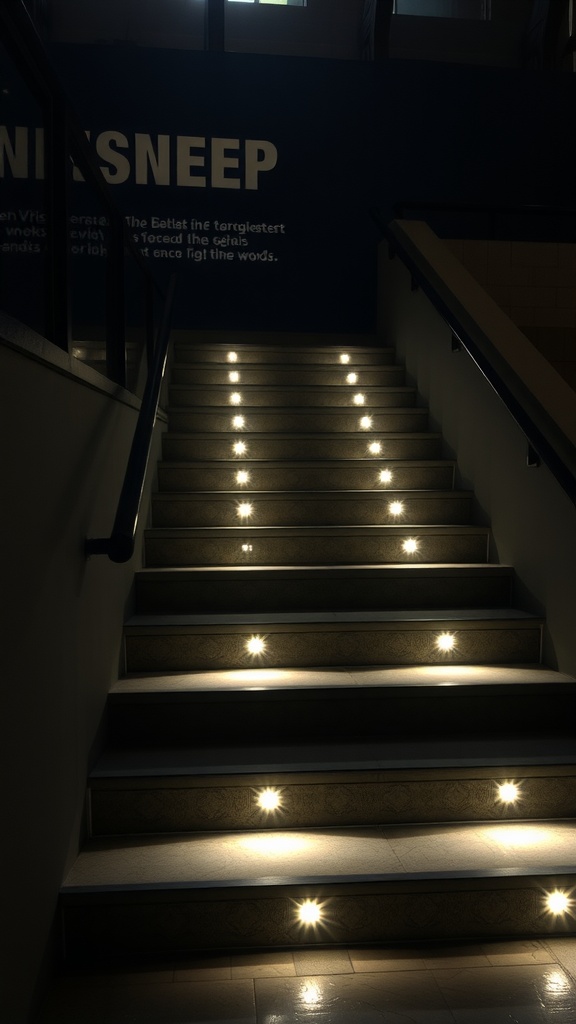 A staircase with lights illuminating each step in a modern interior.