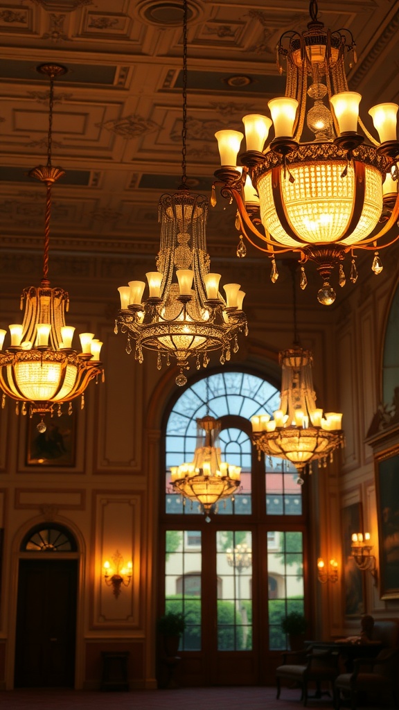 Elegant chandeliers hanging in a room with large windows and warm lighting.