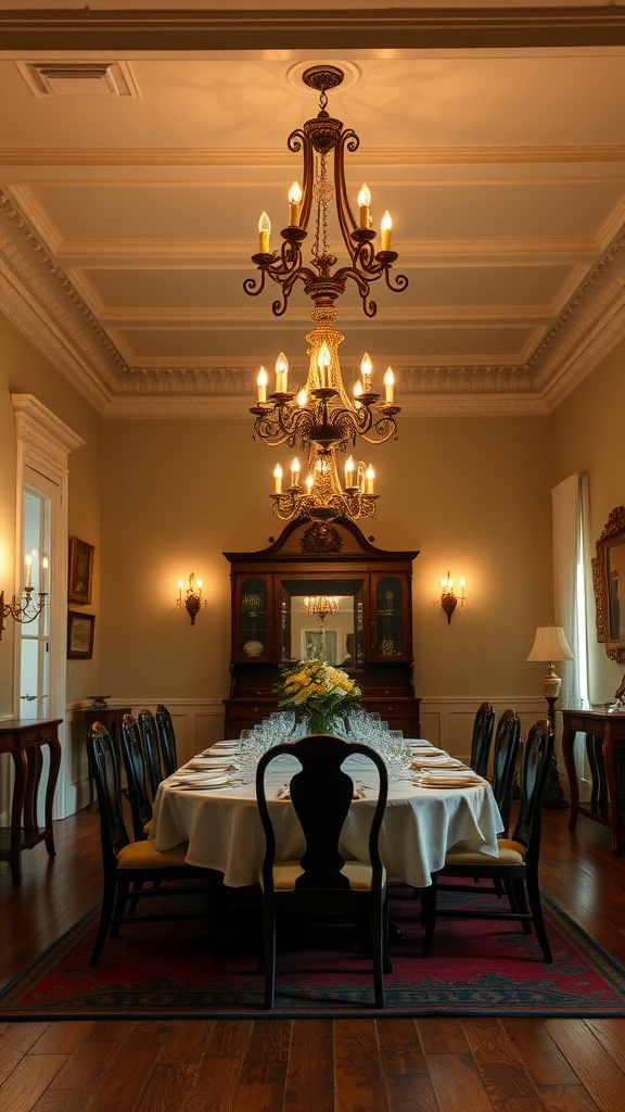Elegant dining room with a chandelier and wall sconces.