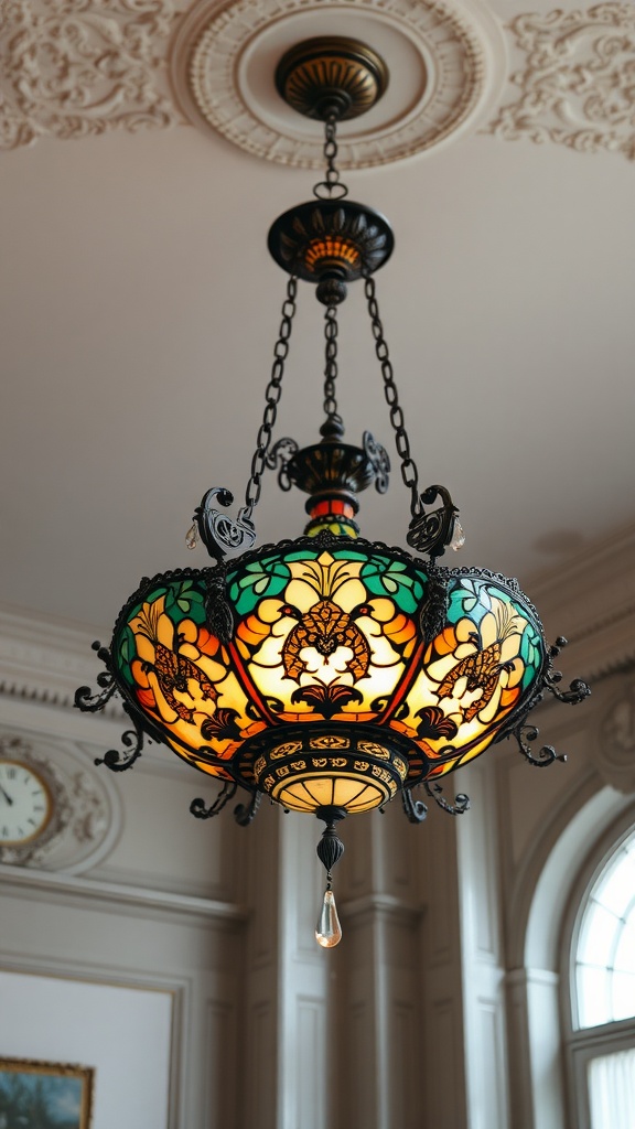 Art Nouveau stained glass chandelier with floral patterns and ornate details.