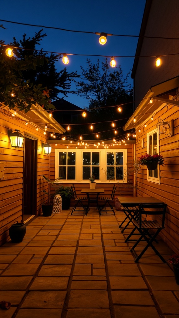 Cozy small patio with warm string lights and wall sconces at night.
