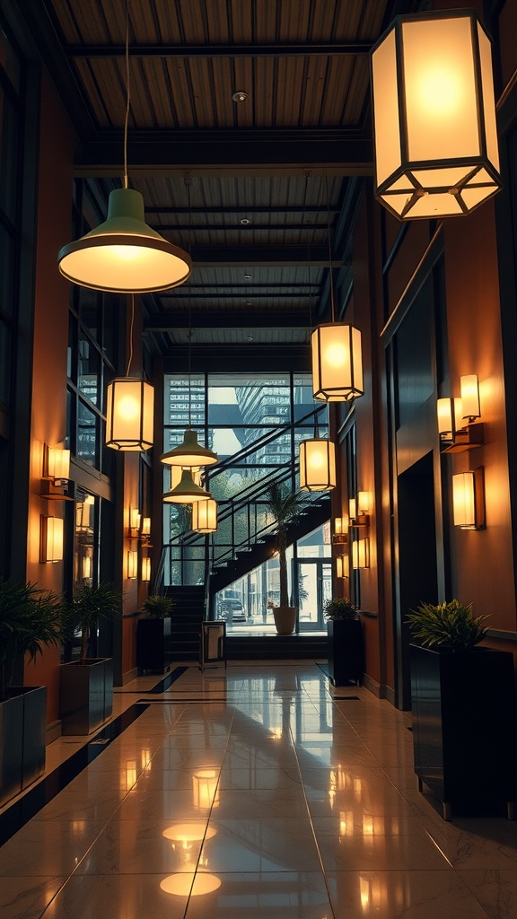 A beautifully designed lobby with various hanging lights and warm ambient lighting.