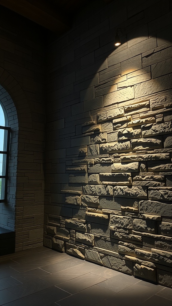 A well-lit stone wall with warm lighting creating a cozy ambiance.