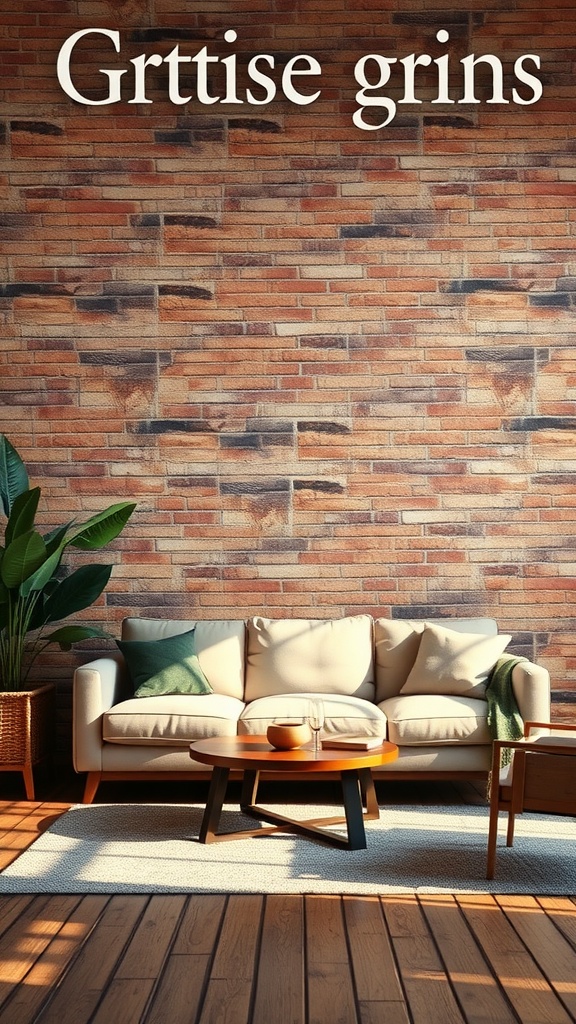Brightly lit living room with a brick wall, featuring a cozy sofa and coffee table.