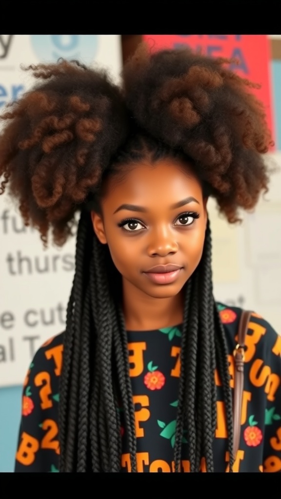 A person with long box braids and large afro puffs, showcasing a stylish hairstyle.