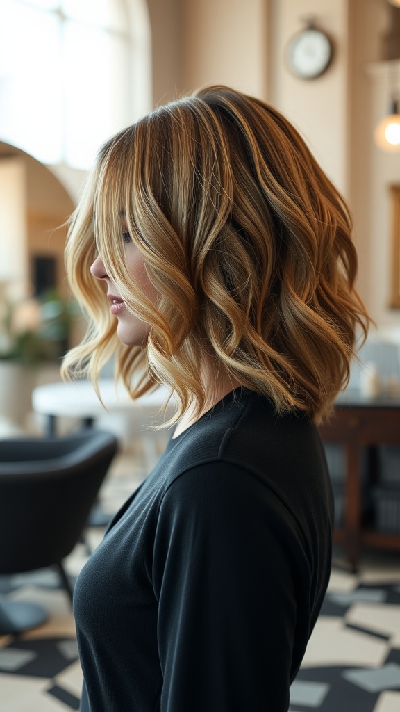 A woman with a longer choppy bob hairstyle, featuring soft waves and layers.
