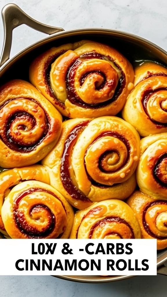 A skillet filled with beautifully rolled low-carb cinnamon rolls, showcasing their golden color and cinnamon swirls.