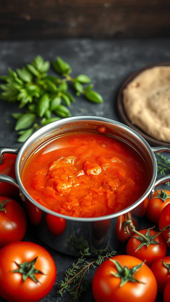A pot of tomato sauce with fresh tomatoes and basil leaves around it.