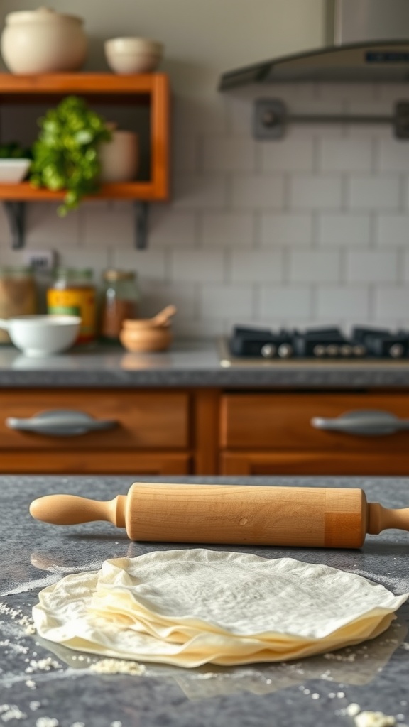 A wooden rolling pin with low-carb egg roll wrappers on a kitchen countertop.