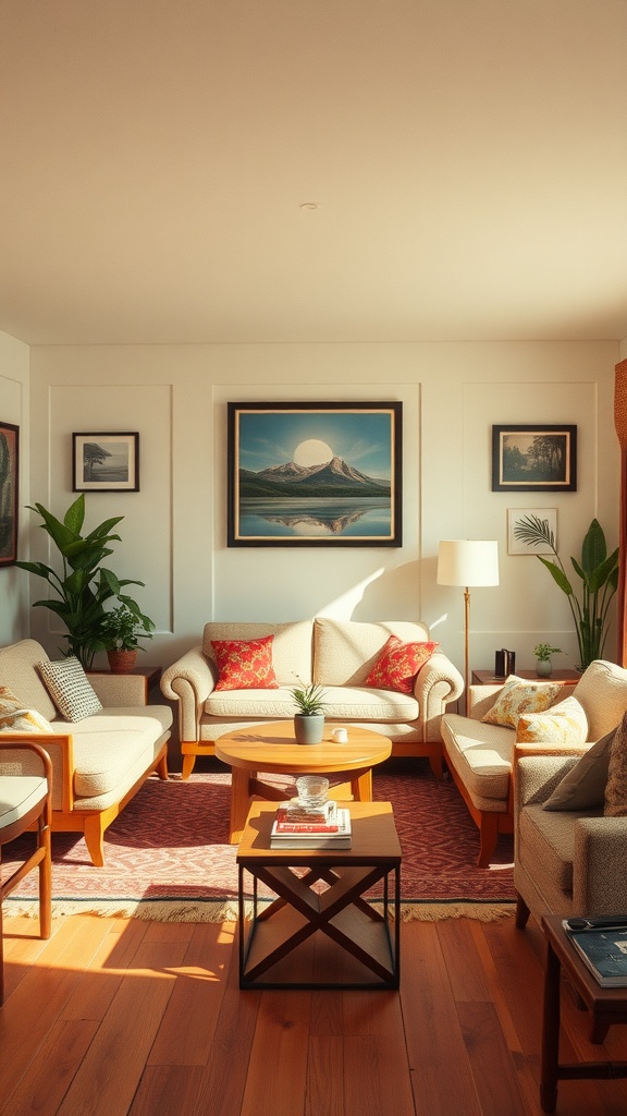 A cozy 1970s-inspired living room with low seating arrangements and warm colors.