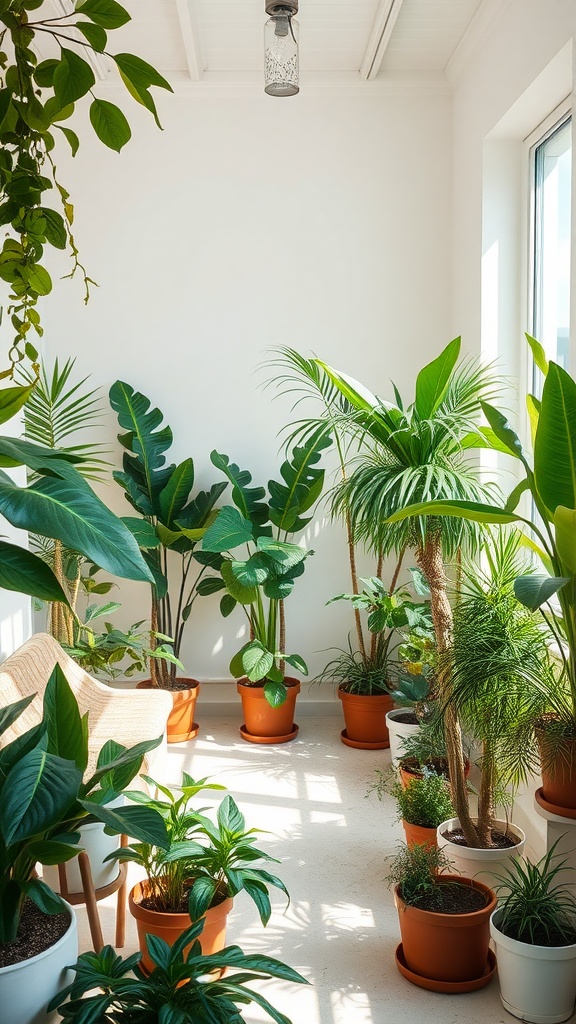 Indoor plants in pots arranged in a bright room with natural light.