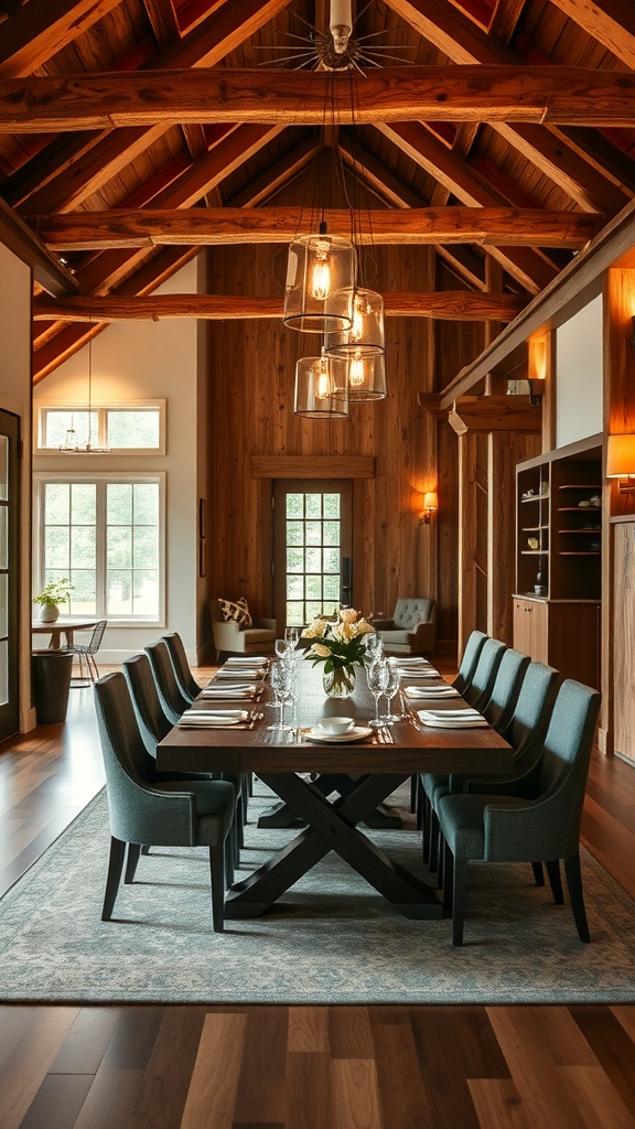 A dining area featuring a large wooden table with elegant chairs, showcasing stylish lighting fixtures and rustic wooden beams.