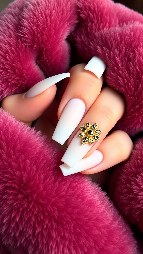 Close-up of white French tip nails adorned with a gold ring, held in a fluffy pink fabric.