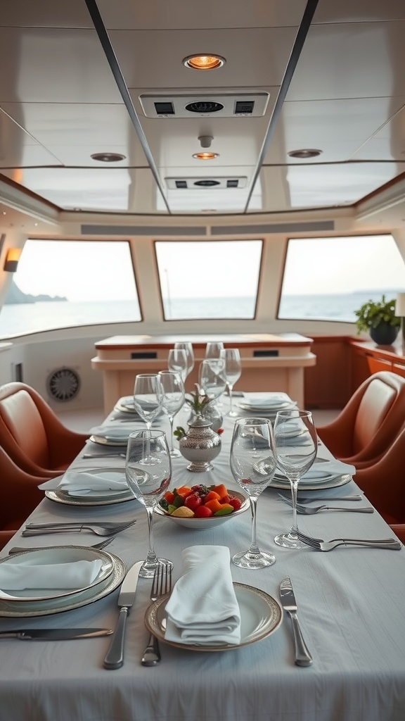 Luxurious yacht dining area featuring a beautifully set table with elegant glassware and a view of the sea.