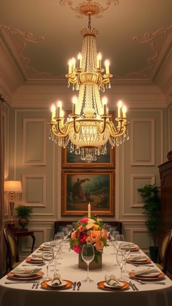 A luxurious dining room featuring a grand chandelier above a beautifully set table.