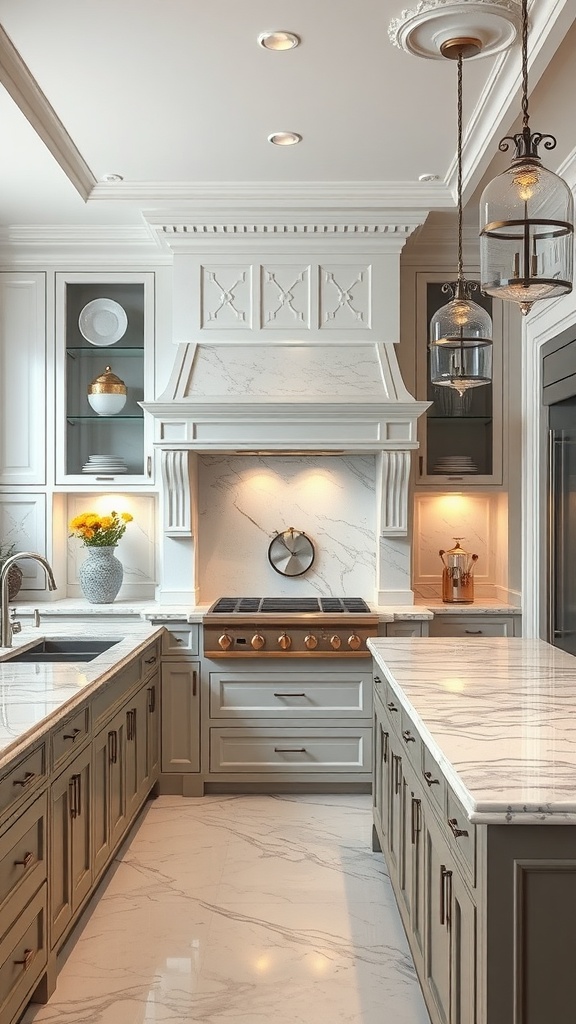 A kitchen interior featuring luxurious marble countertops with elegant cabinetry.