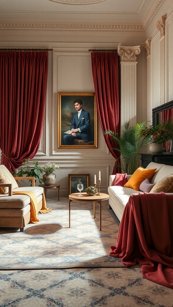 Neoclassical living room featuring plush sofas, rich curtains, and elegant decor.