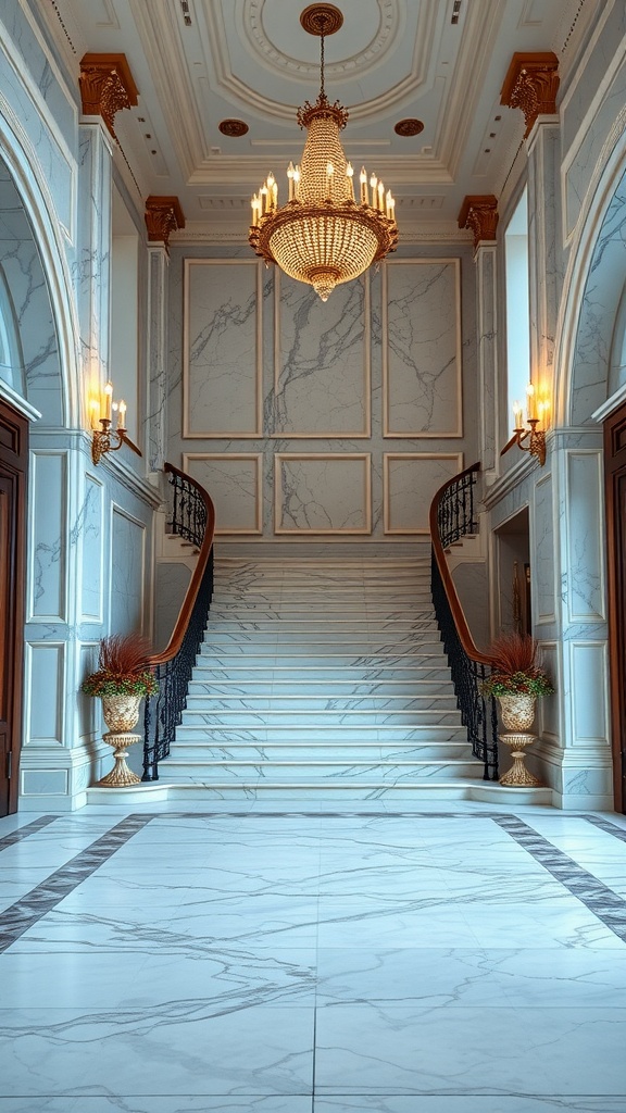 A luxurious marble staircase with a chandelier and decorative elements.