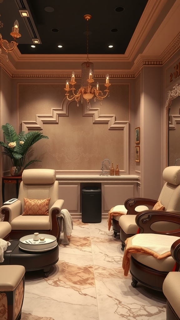 Interior of a luxury pedicure area with plush chairs and elegant decor.