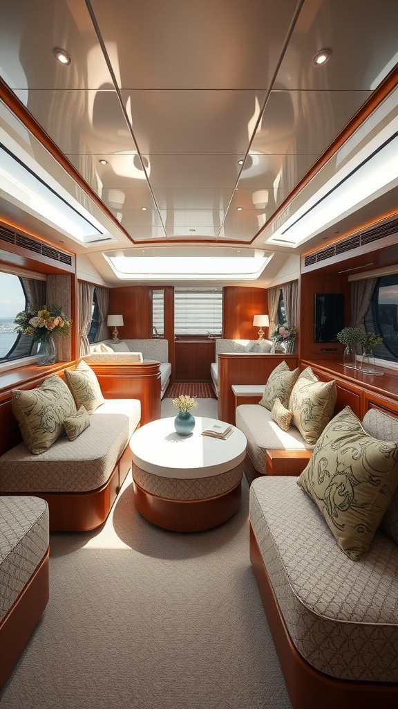 Luxurious yacht interior featuring soft upholstery and elegant wood accents