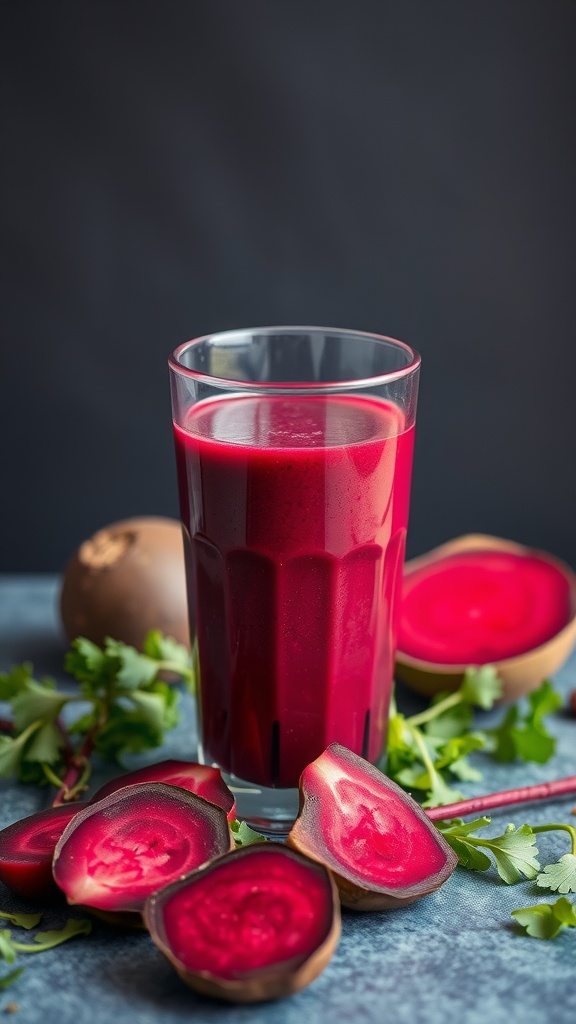 A vibrant beetroot smoothie in a tall glass, surrounded by sliced beetroots and greens.