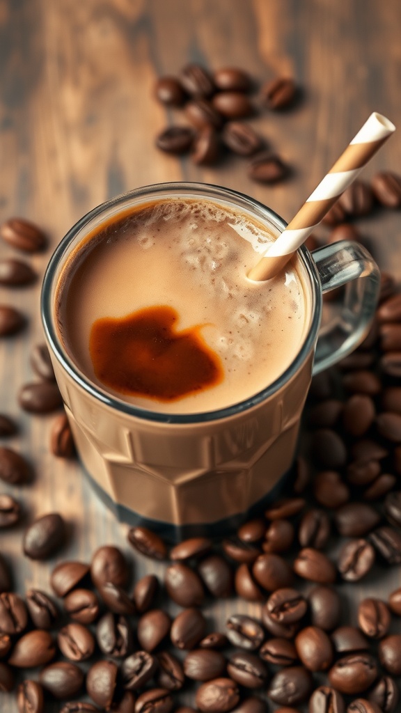 A delicious maca and coffee smoothie in a glass, ready to be enjoyed.