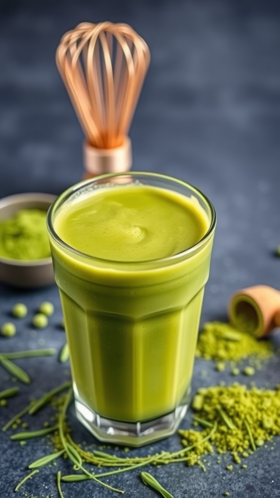 A vibrant green maca and matcha smoothie in a glass.