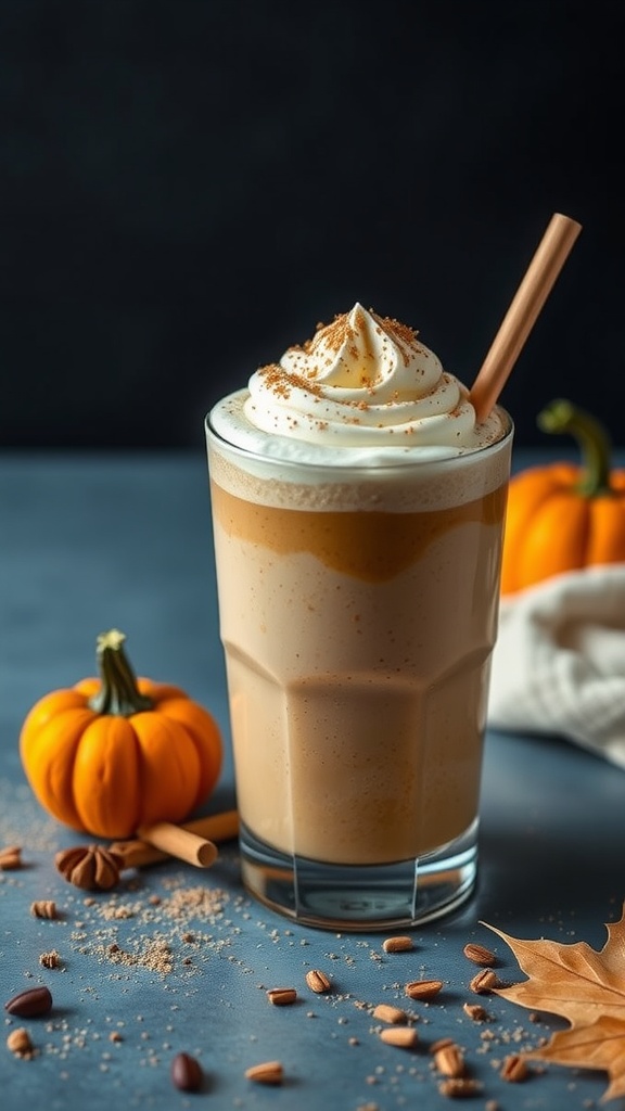 Maca and Pumpkin Spice Smoothie with whipped cream and fall decorations