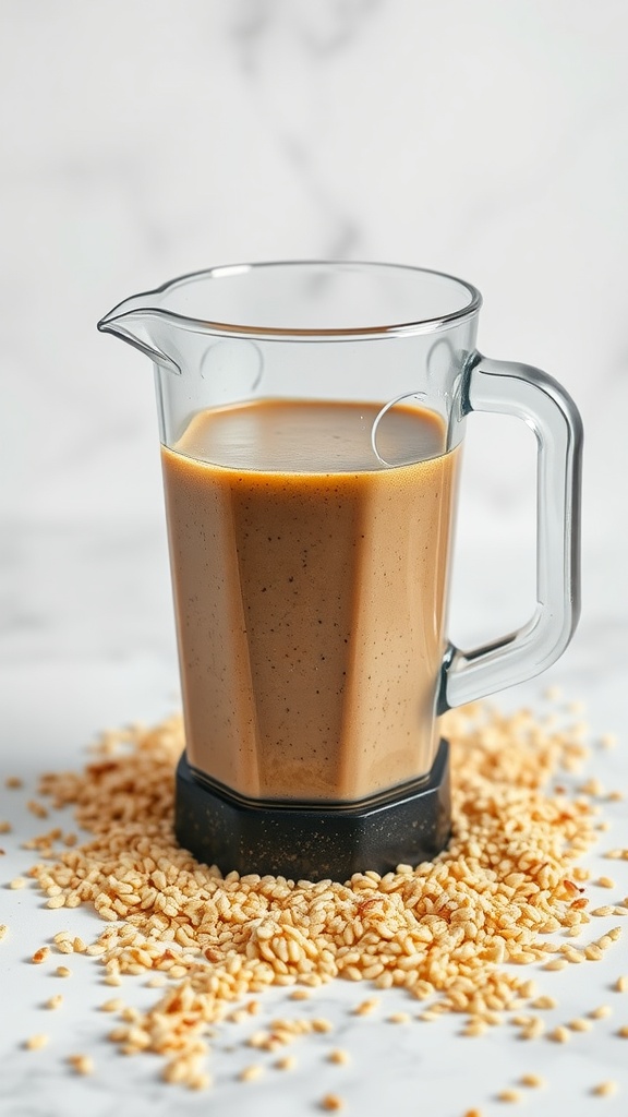 A glass of creamy maca and quinoa protein shake with ingredients scattered around.