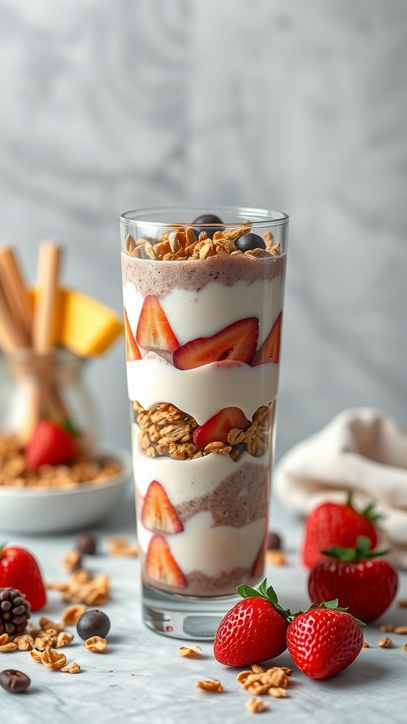 A layered Maca and Yogurt Parfait Smoothie with strawberries and granola.