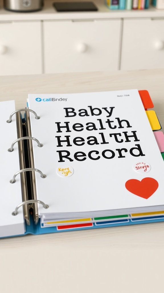 A baby health record binder on a table with colorful tabs and stickers.