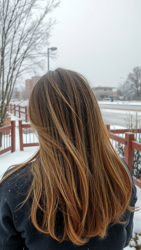 A woman with long bronde hair standing outdoors in a snowy setting.