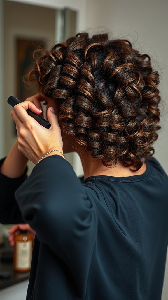 A woman styling her hair with defined French curls, showing focus on maintaining the curls.