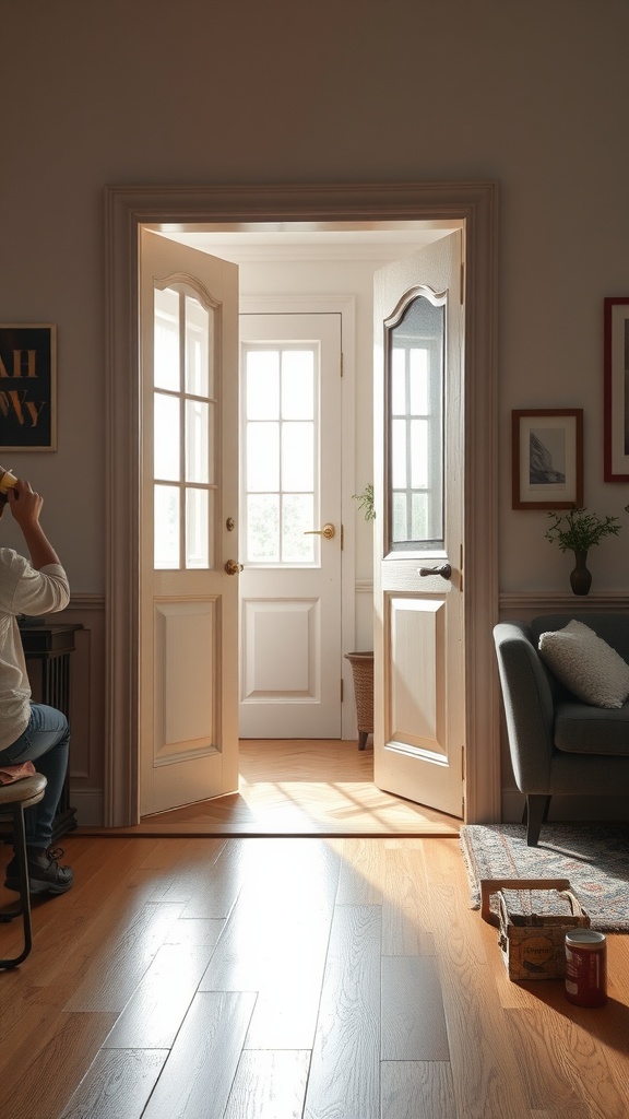 A bright interior showcasing open wood doors with sunlight streaming through, highlighting the warmth of the wood and the cozy atmosphere.