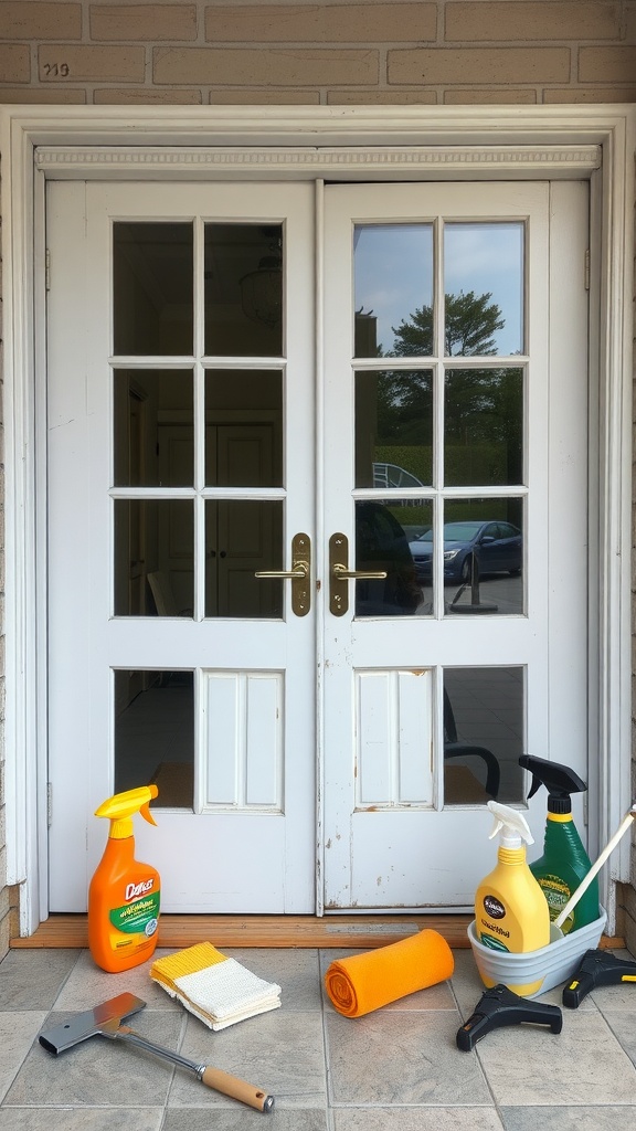 A pair of French doors with cleaning supplies in front of them.